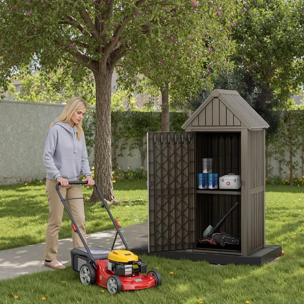 Outdoor Storage Shed with Lock, Waterproof Resin Garden Tool Shed, Heavy-Duty Weather-Resistant Cabinet for Patio, Backyard, or