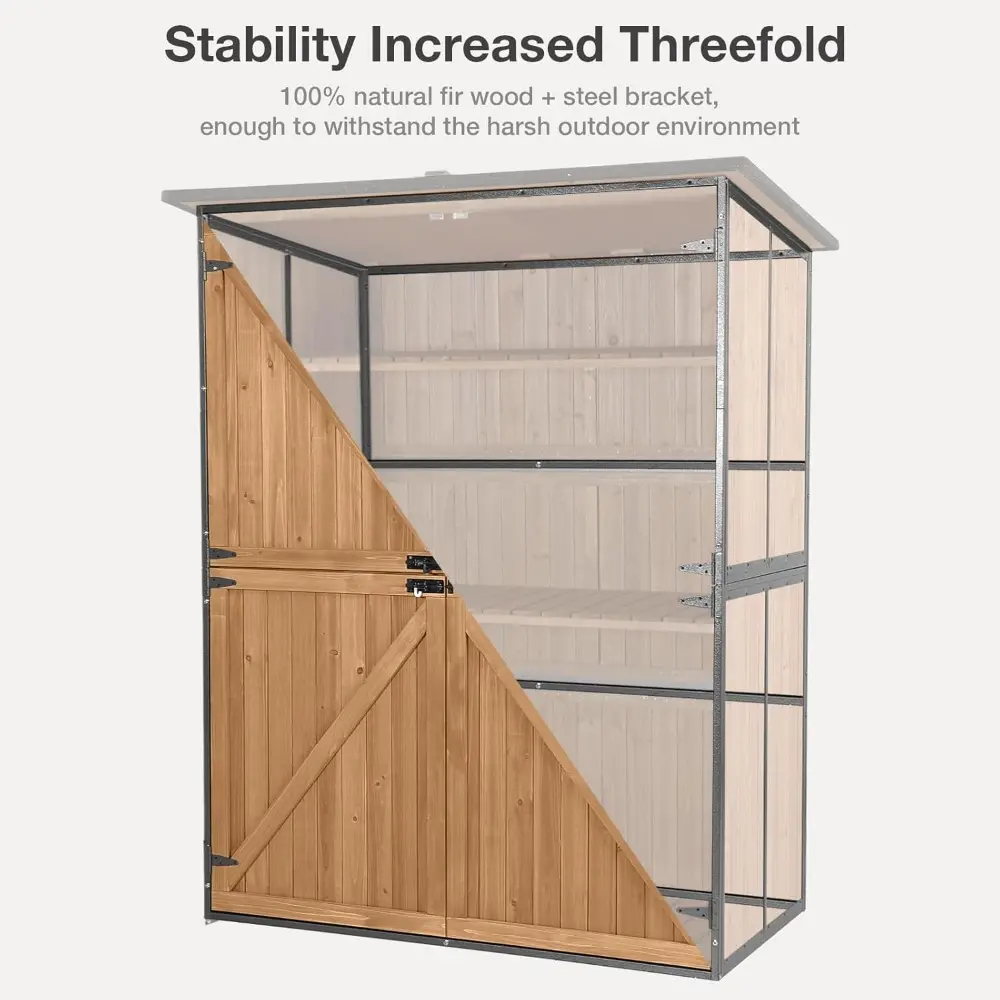 Outdoor Storage Shed with Floor - Waterproof Natural Fir Cabinet with Adjustable Shelves and Double Lock for Anti-Theft - Suitab