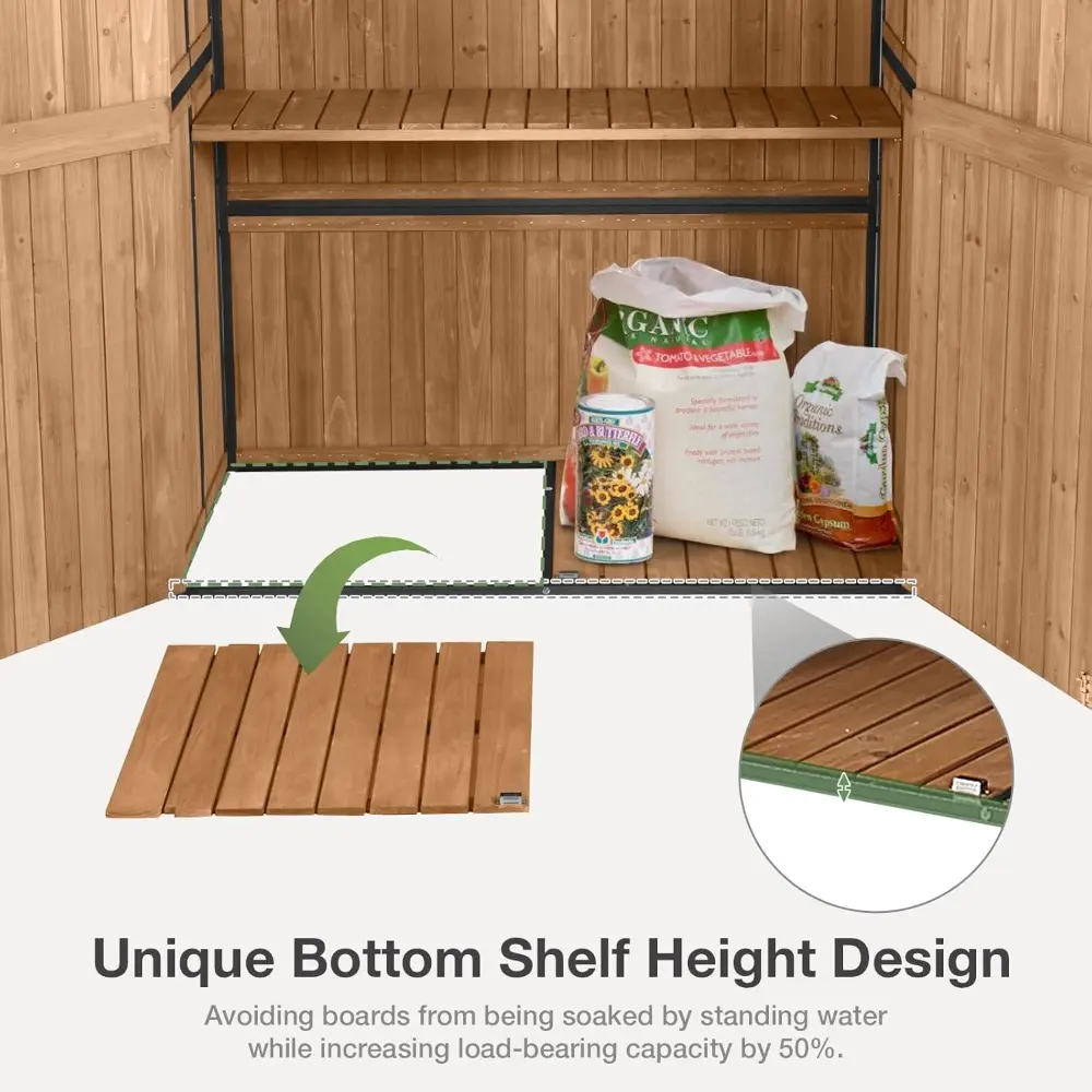 Outdoor Storage Shed with Floor - Waterproof Natural Fir Cabinet with Adjustable Shelves and Double Lock for Anti-Theft - Suitab