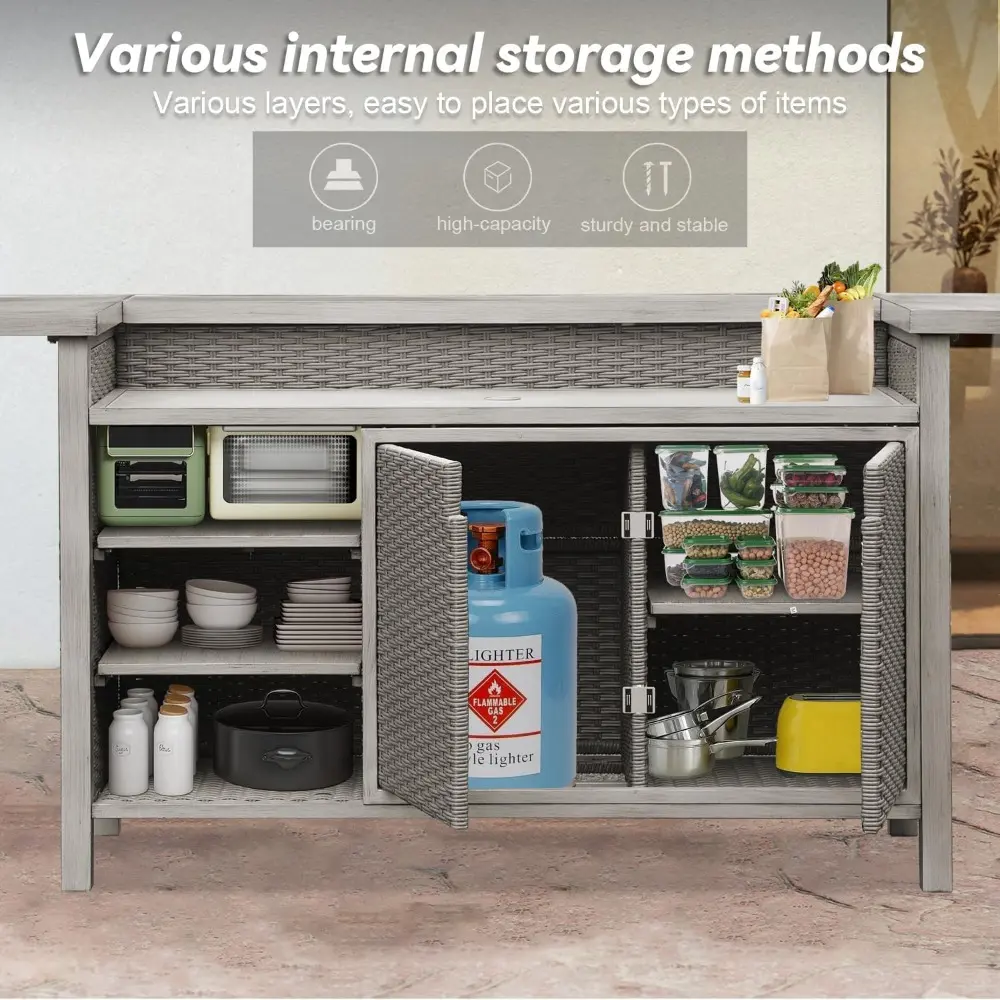 Domi Outdoor Home Bar Unit, All-Weather Wicker & Aluminum Frame Farmhouse Bar Furniture with Storage, Waterproof Rattan Buffet T