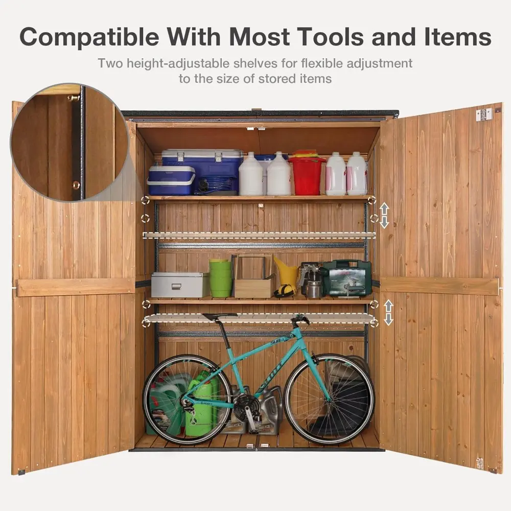Outdoor Storage Shed with Floor - Waterproof Natural Fir Cabinet with Adjustable Shelves and Double Lock for Anti-Theft - Suitab