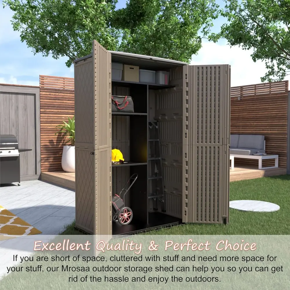 Sheds & Outdoor Storage, 52 Cu.ft Vertical Storage with Floor, Cabinet Waterproof for Garage Pool Bike Shed, Garden , Coffee Bro
