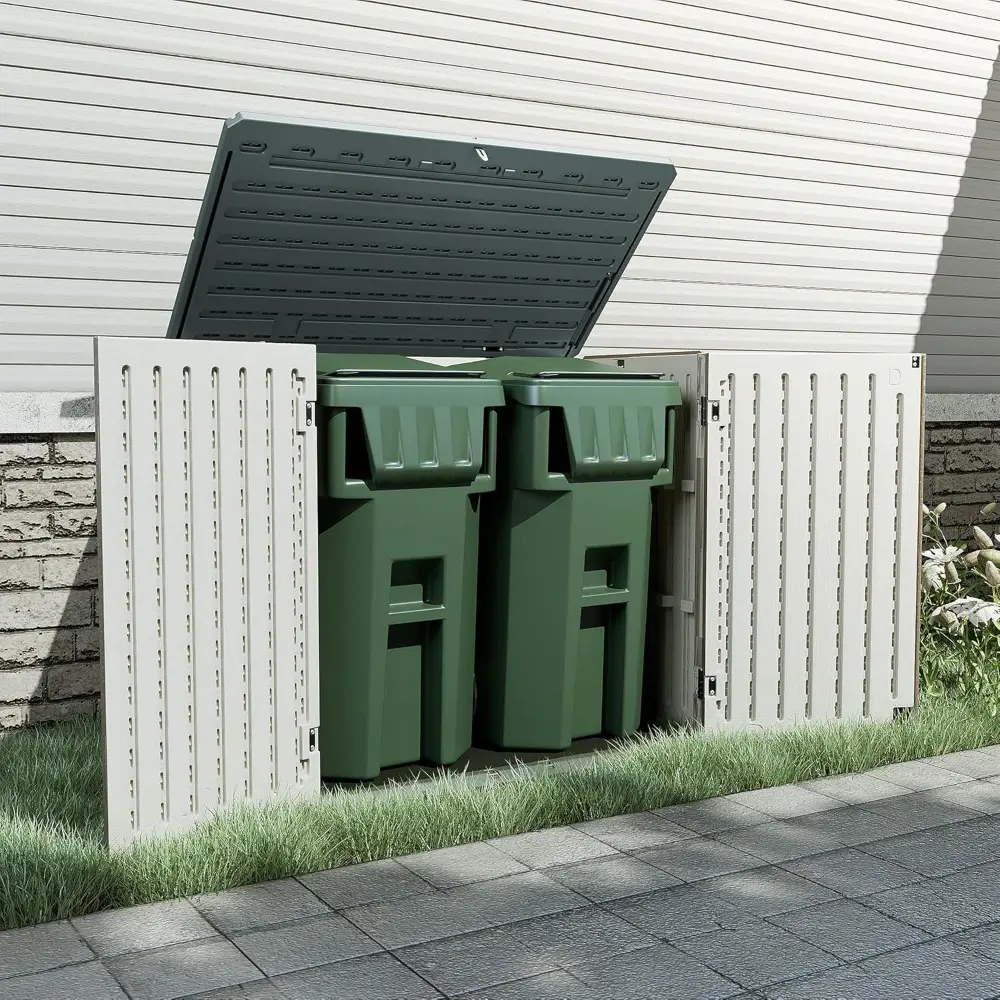 Resin Outdoor Storage Cabinet - 34 Cu Ft Horizontal Shed, Weather Resistant, Multi-Purpose, Lockable for Garbage Cans, Lawn Mow