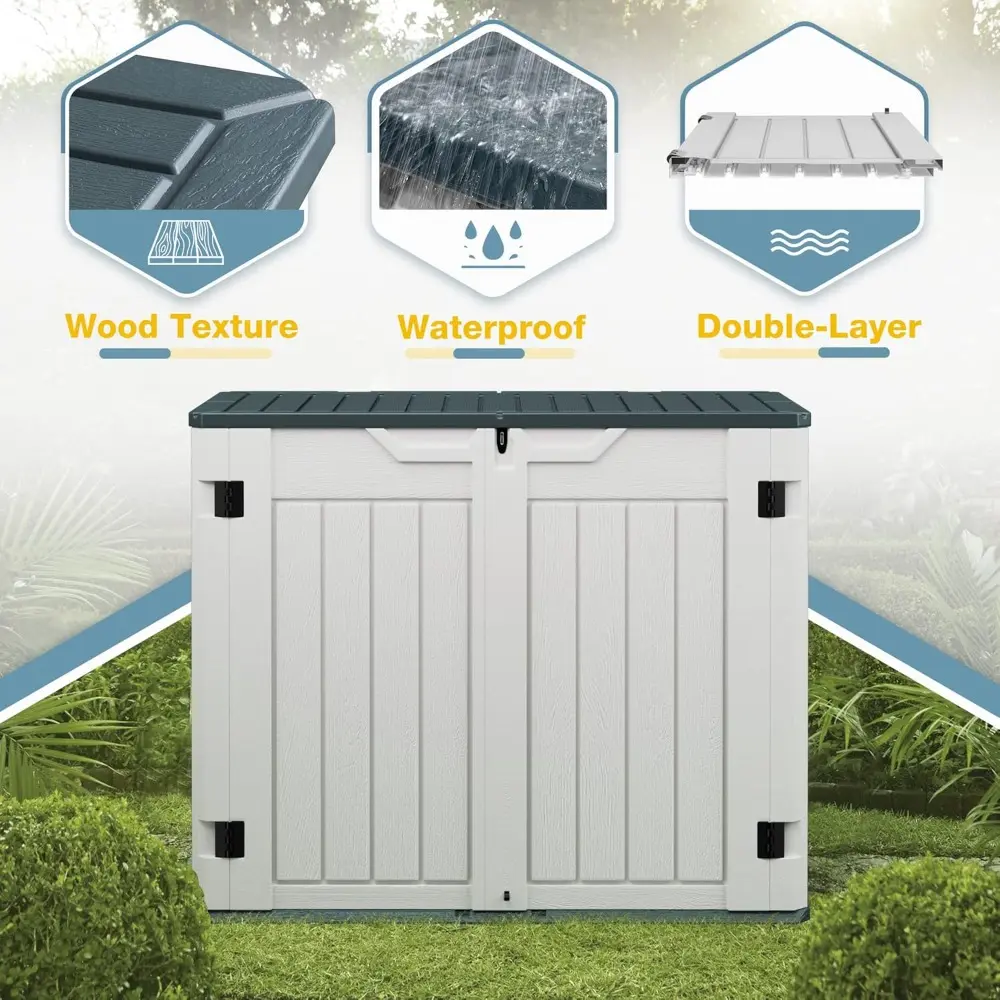 Resin Outdoor Storage Cabinet - 34 Cu Ft Horizontal Shed, Weather Resistant, Multi-Purpose, Lockable for Garbage Cans, Lawn Mow