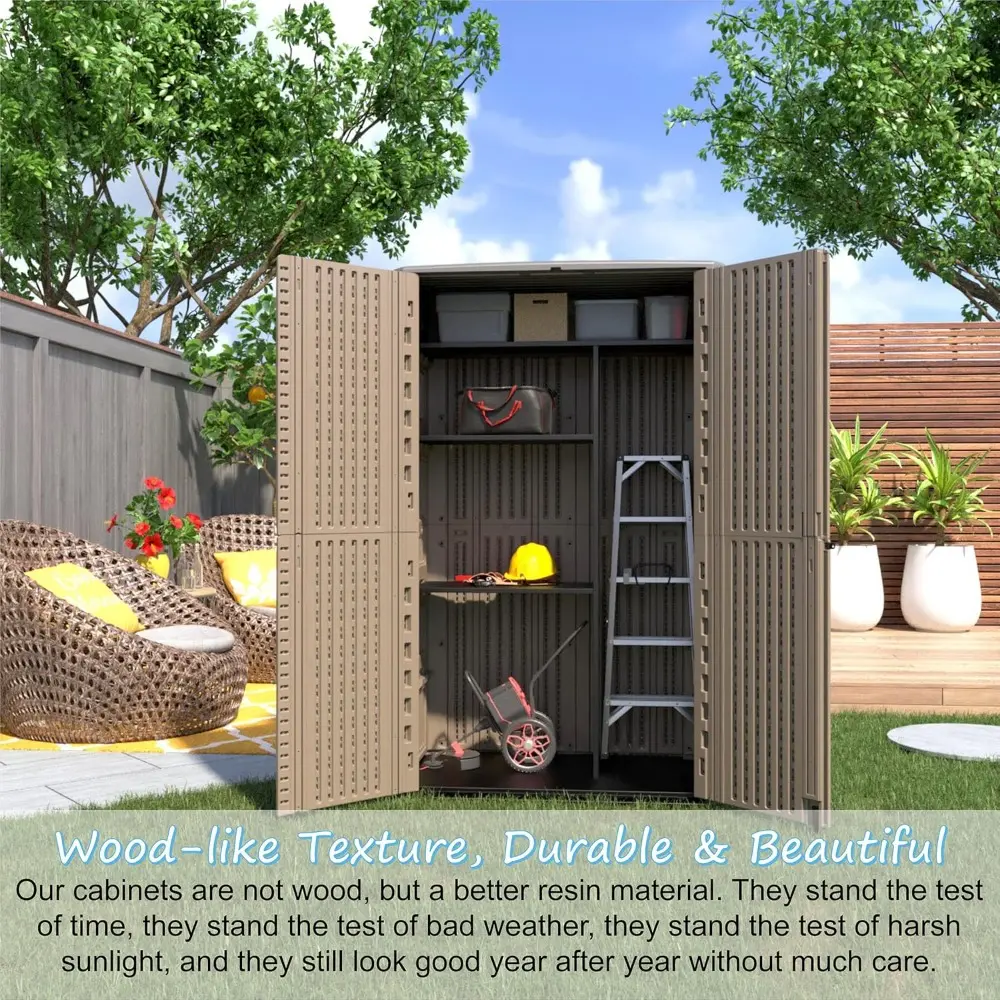 Sheds & Outdoor Storage, 52 Cu.ft Vertical Storage with Floor, Cabinet Waterproof for Garage Pool Bike Shed, Garden , Coffee Bro