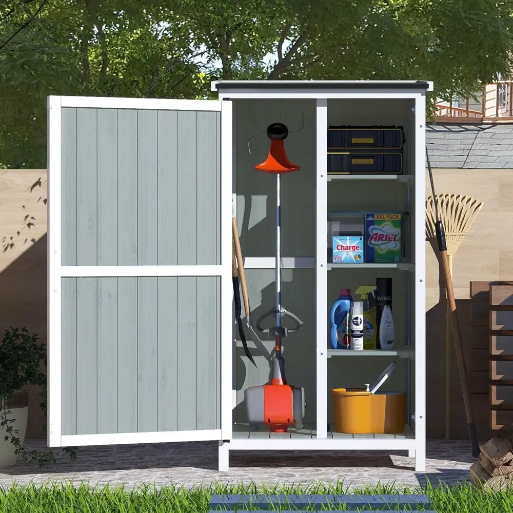 54" Two-Tone Storage Shed Gray & White Design Outdoor Tool Storage House with Sloped Roof & 5 Customizable Compartments for Gar