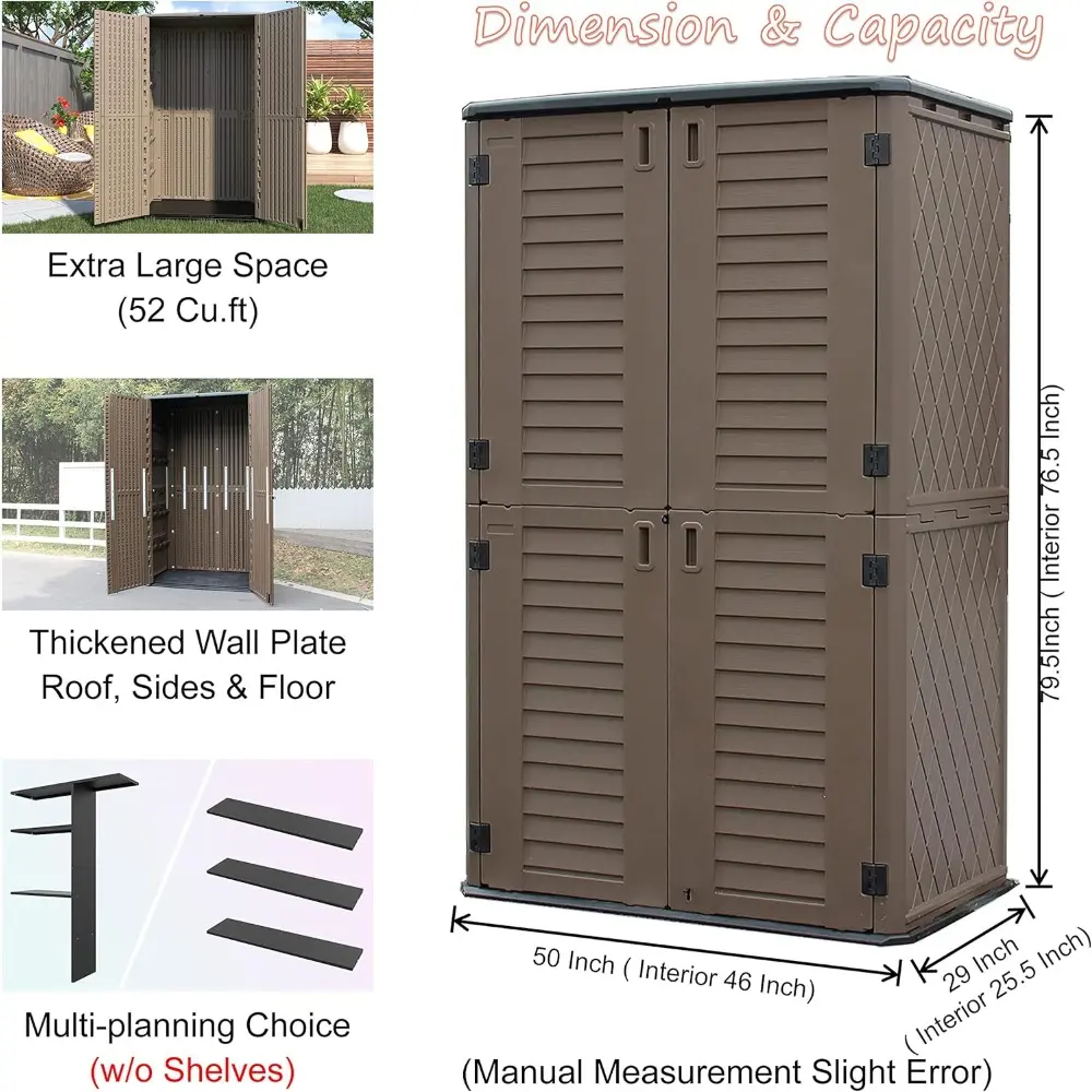 Sheds & Outdoor Storage, 52 Cu.ft Vertical Storage with Floor, Cabinet Waterproof for Garage Pool Bike Shed, Garden , Coffee Bro