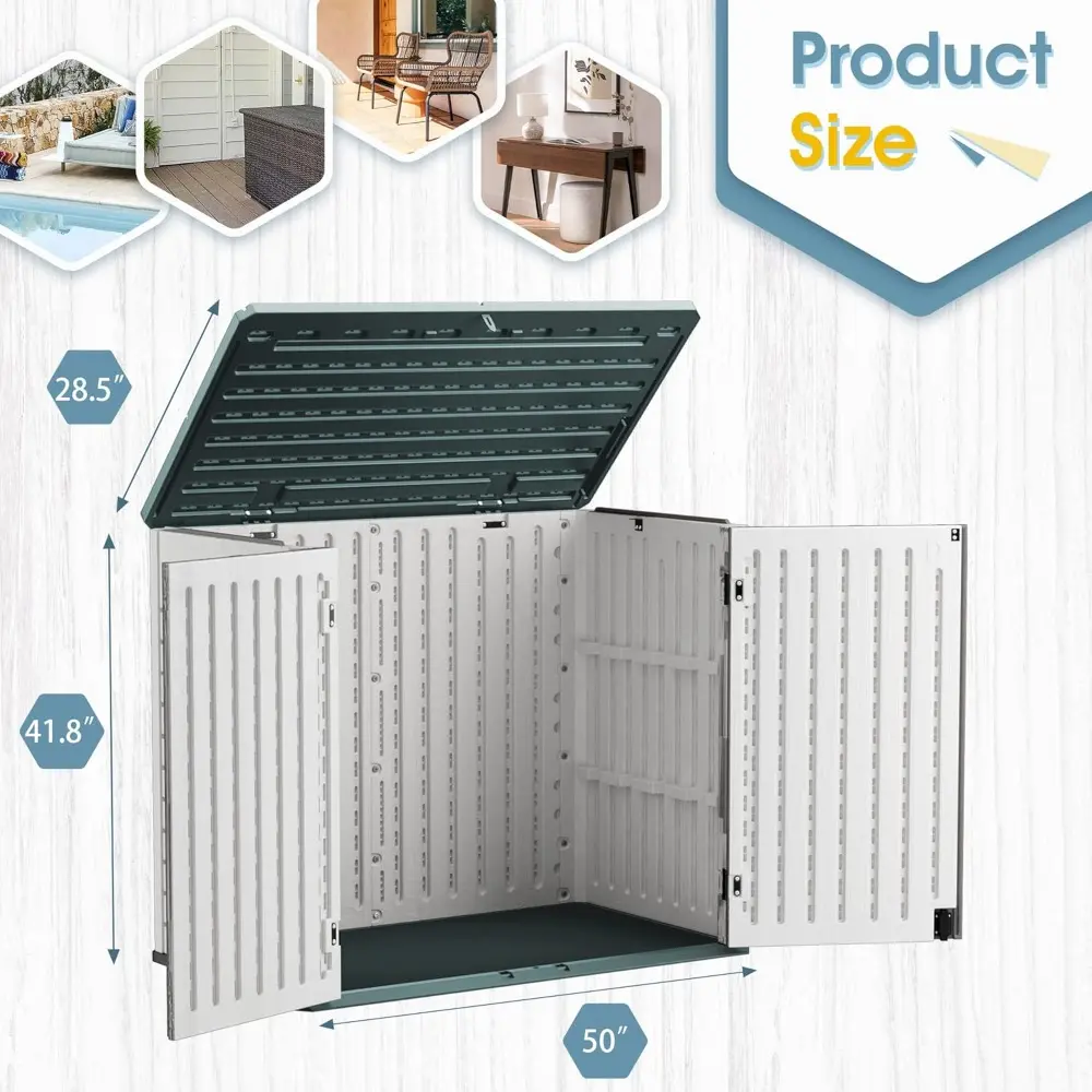 Resin Outdoor Storage Cabinet - 34 Cu Ft Horizontal Shed, Weather Resistant, Multi-Purpose, Lockable for Garbage Cans, Lawn Mow