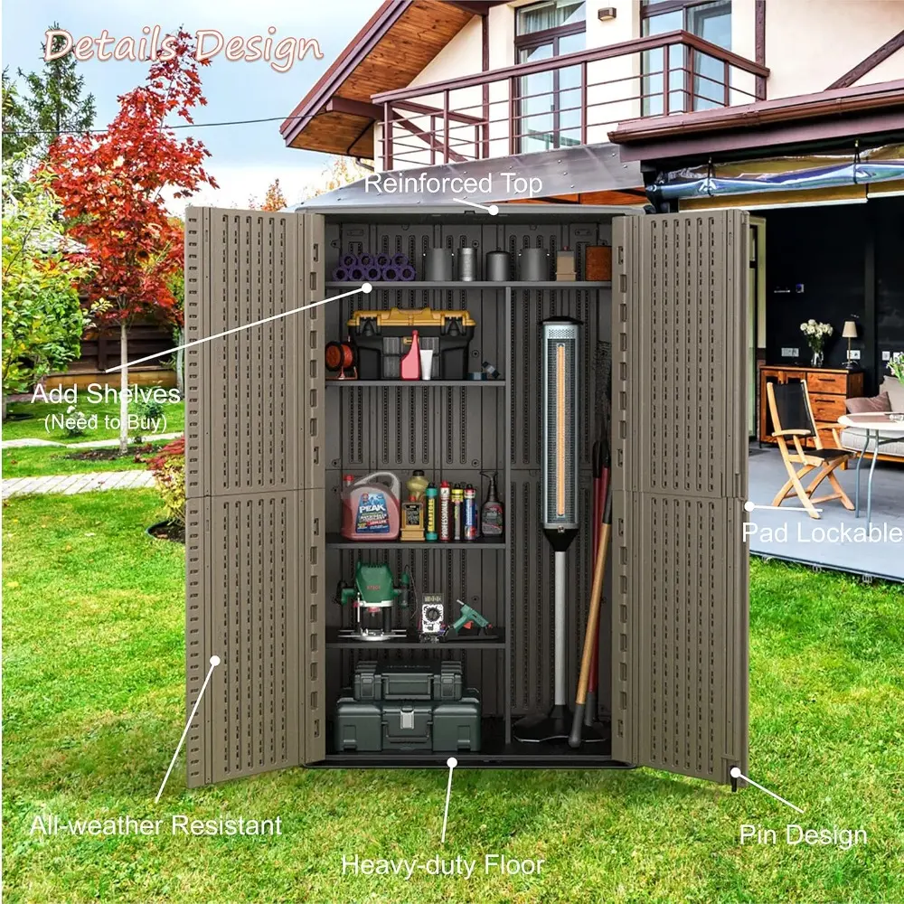 Sheds & Outdoor Storage, 52 Cu.ft Vertical Storage with Floor, Cabinet Waterproof for Garage Pool Bike Shed, Garden , Coffee Bro