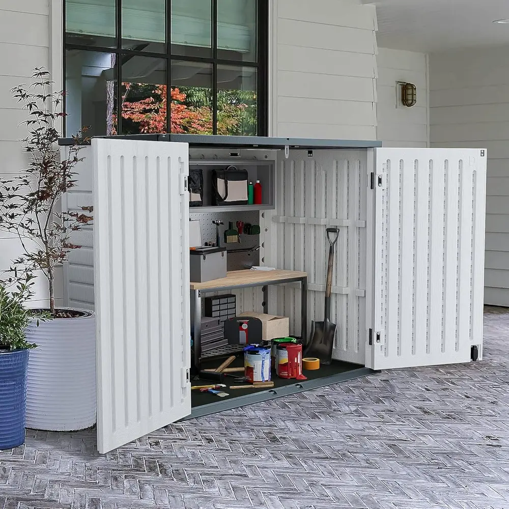 Resin Outdoor Storage Cabinet - 34 Cu Ft Horizontal Shed, Weather Resistant, Multi-Purpose, Lockable for Garbage Cans, Lawn Mow