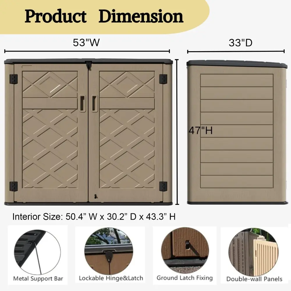 Large Outdoor Storage Shed, 48 Cu Ft Resin Versatile Storage Cabinet for Patio Accessories, Trash Cans & Garden Tools, Durable