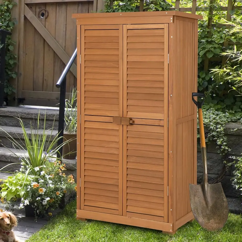 Outdoor Storage Cabinet, 63" Wood Garden Tool Shed with Double Lockable Doors, 3 Shelves and Asphalt Roof, Multipurpose Storage