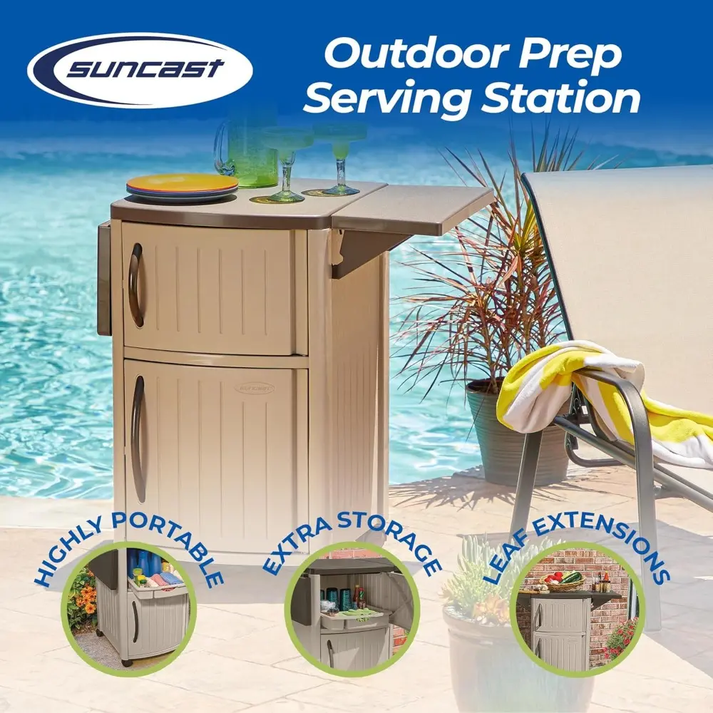 Serving Station Patio Cabinet, Portable Grill Prep Table, Light Taupe & Mocha - Includes Side Shelves, Storage Cabinets, Server