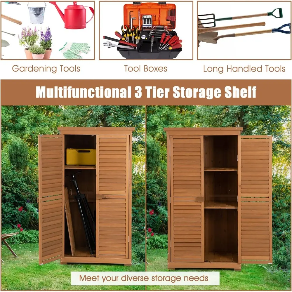 Outdoor Storage Cabinet, 63" Wood Garden Tool Shed with Double Lockable Doors, 3 Shelves and Asphalt Roof, Multipurpose Storage