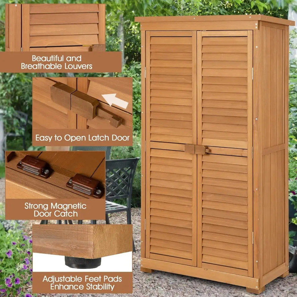 Outdoor Storage Cabinet, 63" Wood Garden Tool Shed with Double Lockable Doors, 3 Shelves and Asphalt Roof, Multipurpose Storage