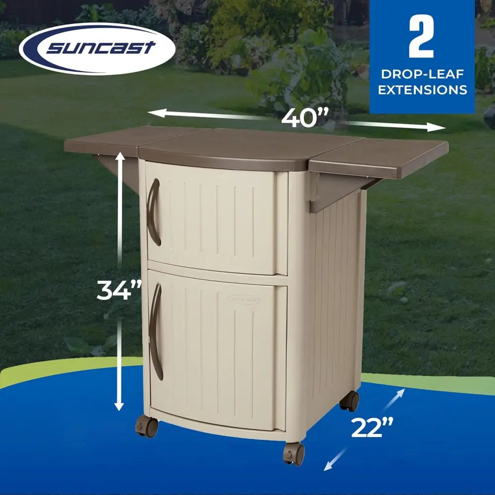 Serving Station Patio Cabinet, Portable Grill Prep Table, Light Taupe & Mocha - Includes Side Shelves, Storage Cabinets, Server