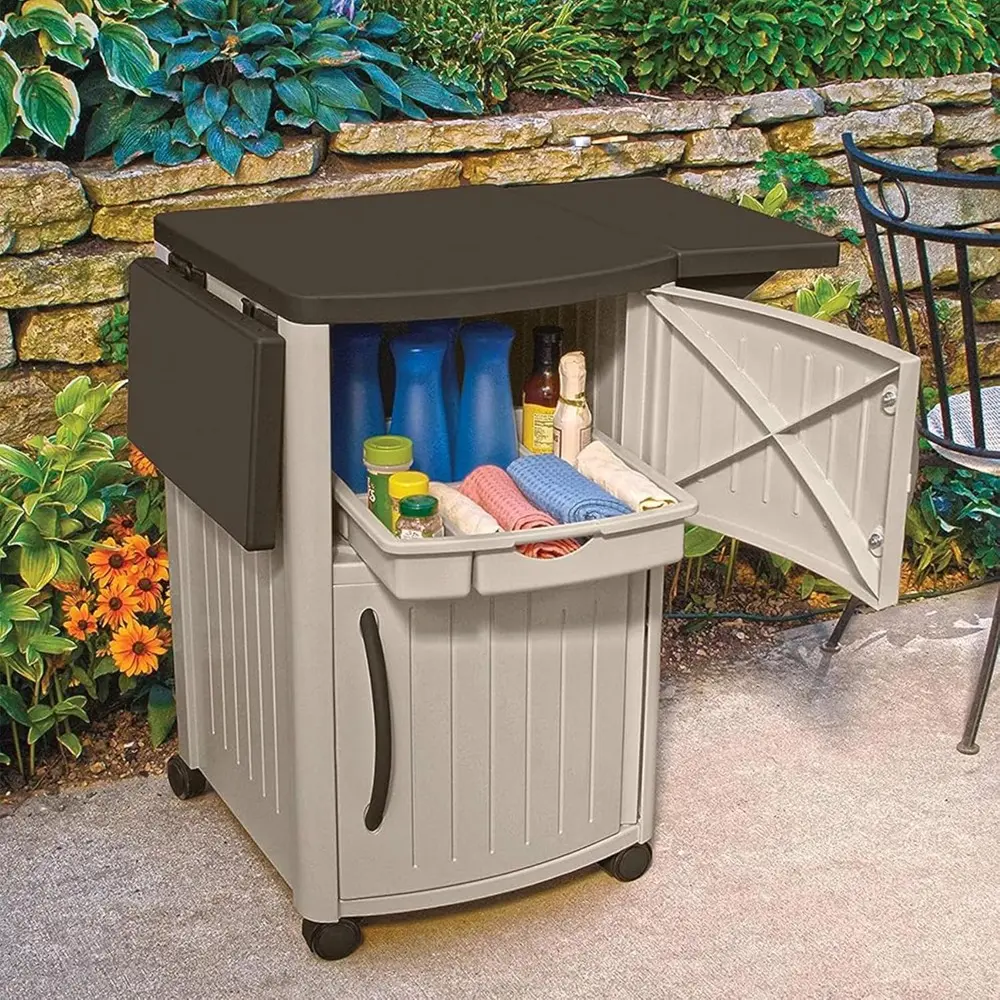 Serving Station Patio Cabinet, Portable Grill Prep Table, Light Taupe & Mocha - Includes Side Shelves, Storage Cabinets, Server