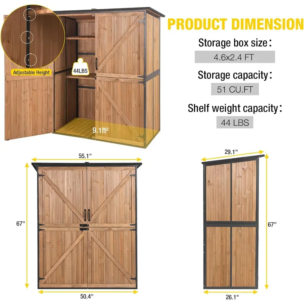 Storage Shed Outdoor Storage Cabinet Upgraded with All Arounded Metal Frame, Wooden Floor and Adjustable Shevels 55" L x 29" W