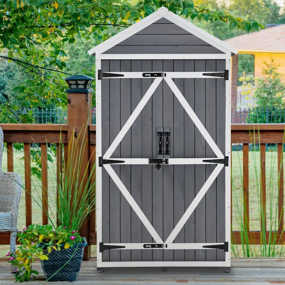 Outdoor Storage Cabinet with 2 Shelves, Outside Storage Shed with Floor, Wooden Garden Tool Shed with Latch for Yard Deck Lawn,