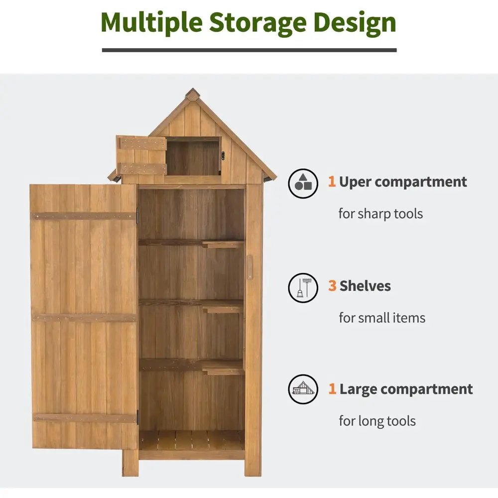 Outdoor Storage Cabinet with Shelves, Wooden Outside Storage Shed with Floor, Garden Tool Shed for Patio Yard Lawn, 0770 (Natur