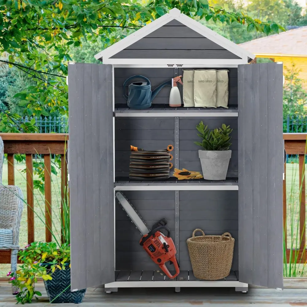 Outdoor Storage Cabinet with 2 Shelves, Outside Storage Shed with Floor, Wooden Garden Tool Shed with Latch for Yard Deck Lawn,
