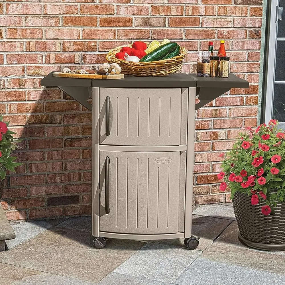 Serving Station Patio Cabinet, Portable Grill Prep Table, Light Taupe & Mocha - Includes Side Shelves, Storage Cabinets, Server