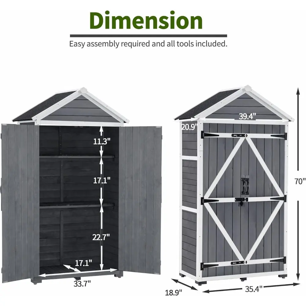 Outdoor Storage Cabinet with 2 Shelves, Outside Storage Shed with Floor, Wooden Garden Tool Shed with Latch for Yard Deck Lawn,