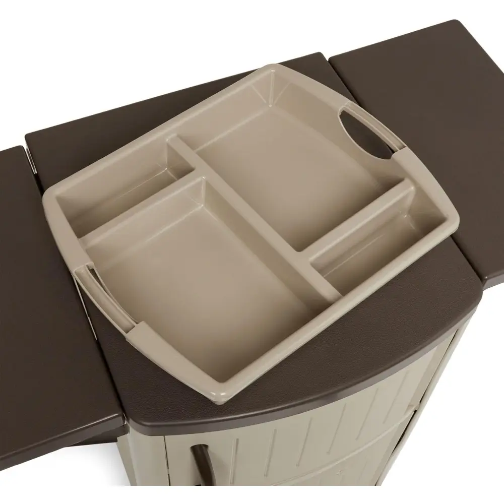 Serving Station Patio Cabinet, Portable Grill Prep Table, Light Taupe & Mocha - Includes Side Shelves, Storage Cabinets, Server