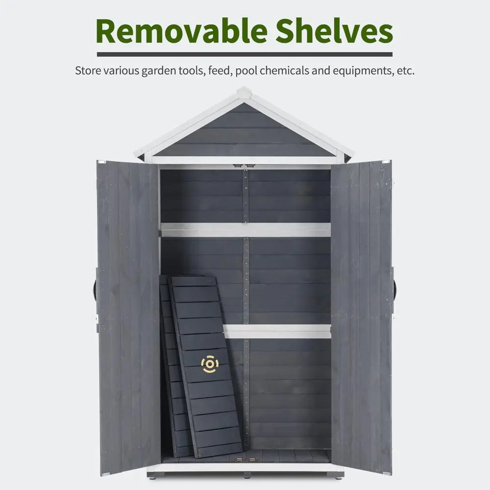Outdoor Storage Cabinet with 2 Shelves, Outside Storage Shed with Floor, Wooden Garden Tool Shed with Latch for Yard Deck Lawn,