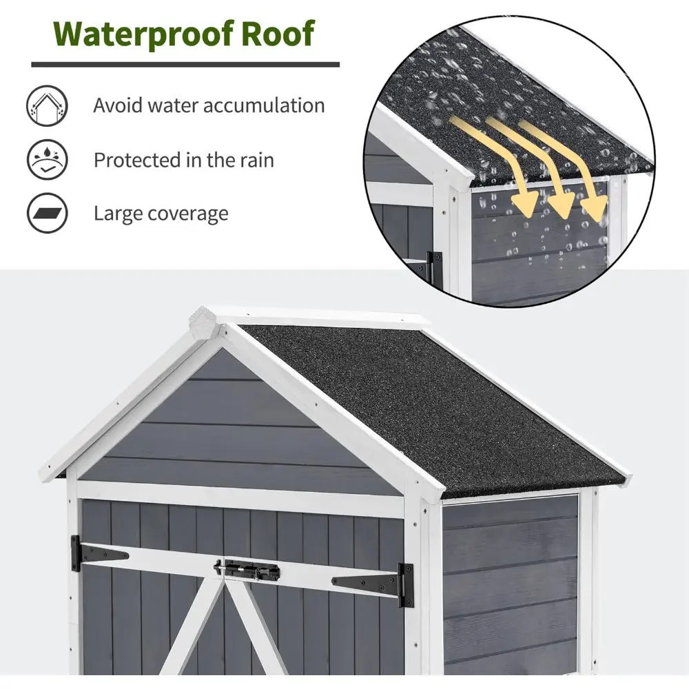 Outdoor Storage Cabinet with 2 Shelves, Outside Storage Shed with Floor, Wooden Garden Tool Shed with Latch for Yard Deck Lawn,
