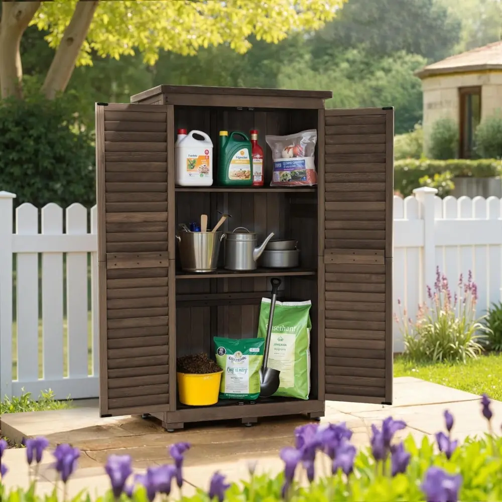 Outdoor Storage Cabinet, Garden Storage Shed, Outside Vertical Shed with Lockers, Outdoor 63 Inches Wood Tall Cabinet for Yard