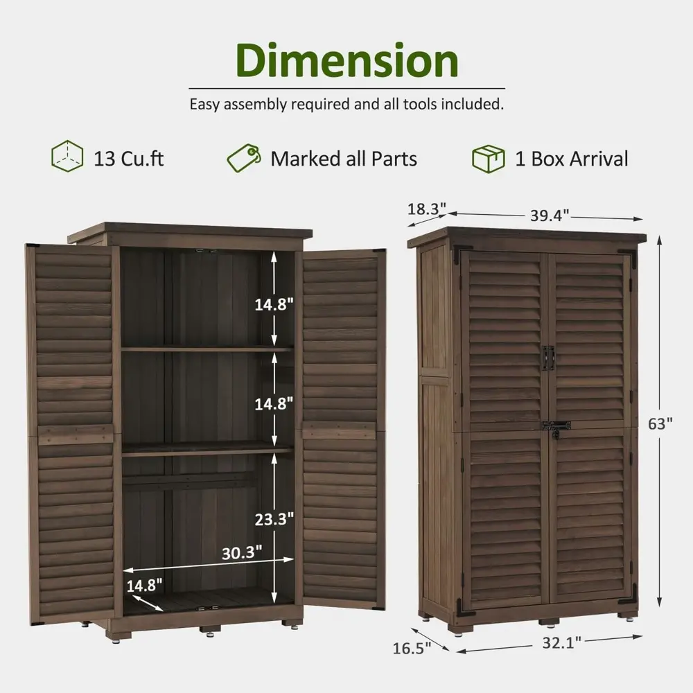 Outdoor Storage Cabinet, Garden Storage Shed, Outside Vertical Shed with Lockers, Outdoor 63 Inches Wood Tall Cabinet for Yard
