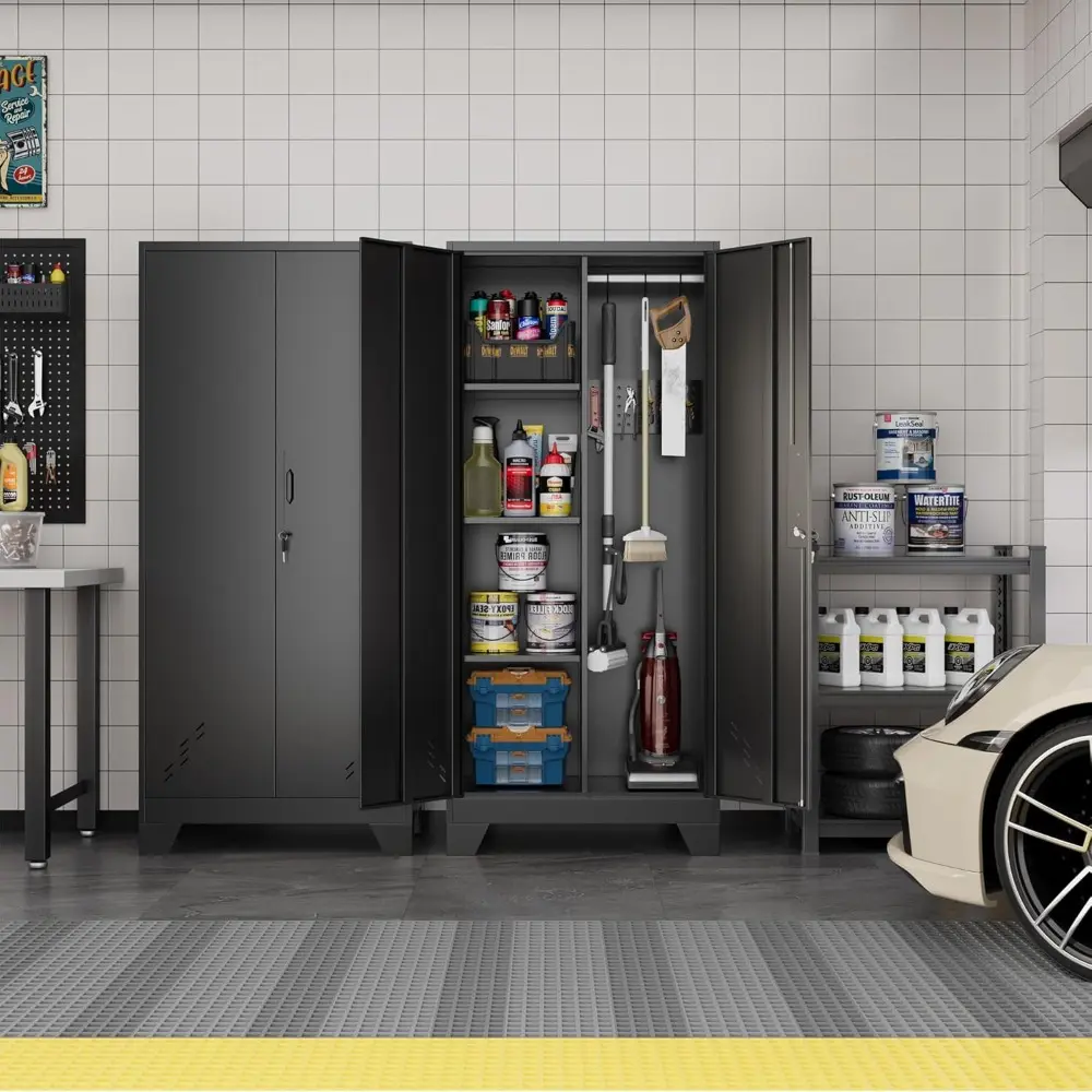 Metal Storage Cabinet with Locking Doors, 61" Tall Garage with Hanging Rod, Broom Closet, Freestanding Bathroom Storage Cabinet,