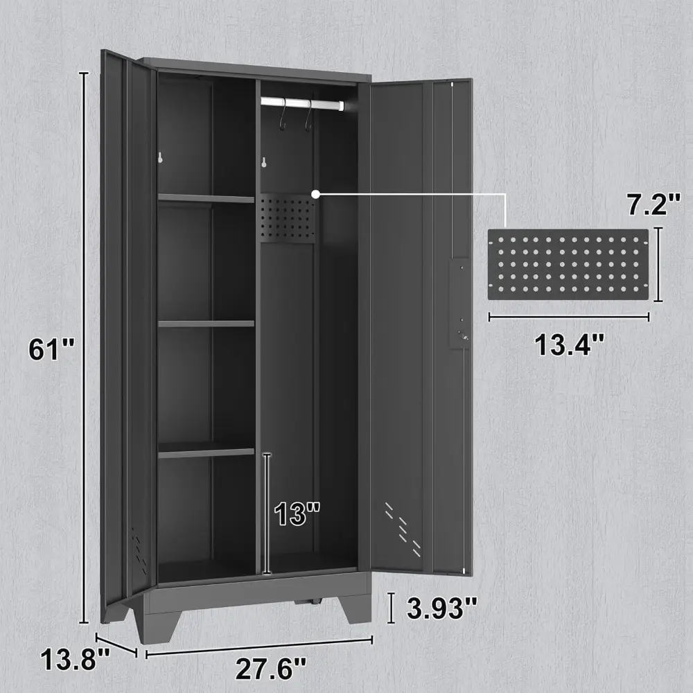 Metal Storage Cabinet with Locking Doors, 61" Tall Garage with Hanging Rod, Broom Closet, Freestanding Bathroom Storage Cabinet,
