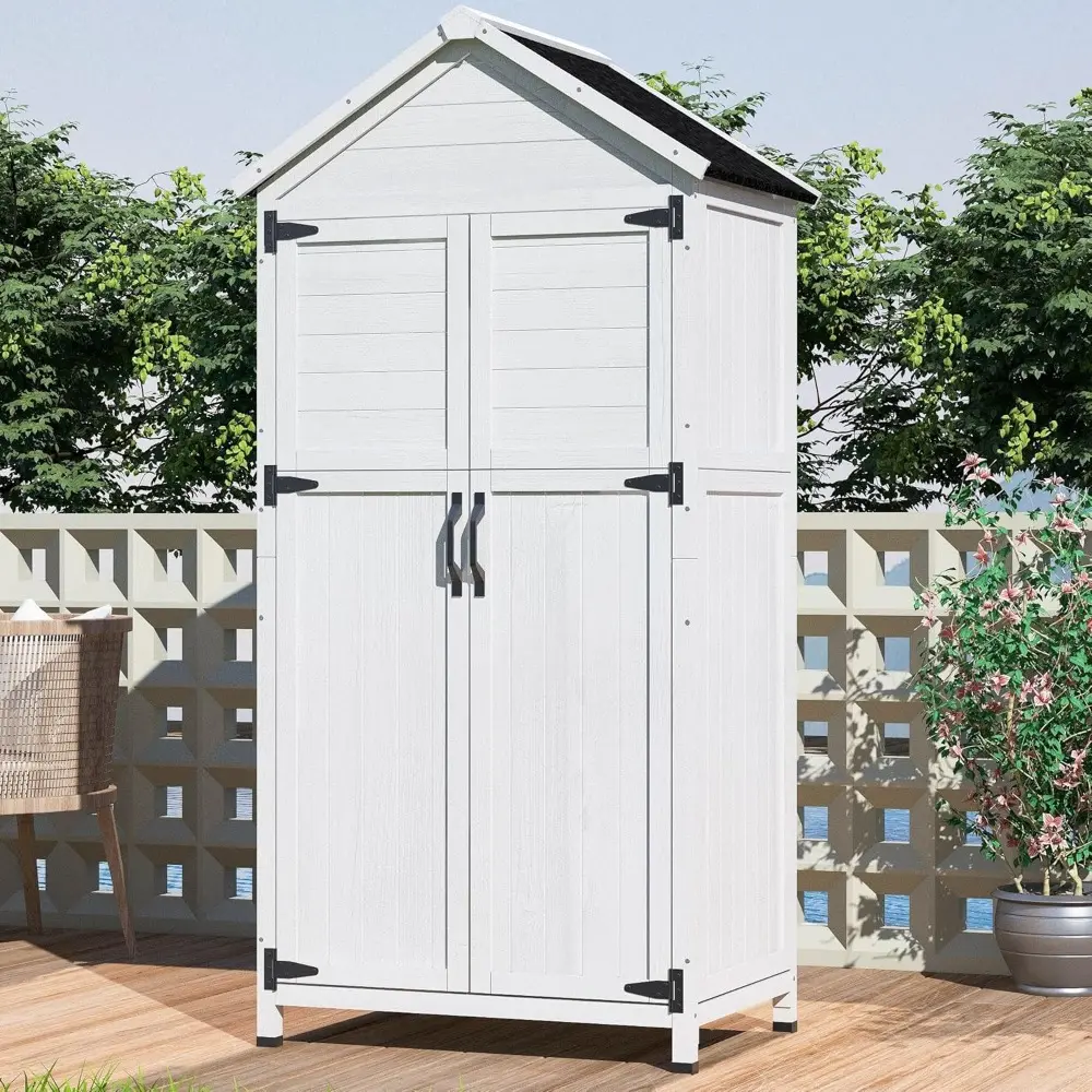67" Fir Wood Storage Shed 2 Doors Design Outdoor Tool Storage House Cabinet with Sloped Roof & 4 Interior Compartments for Gard