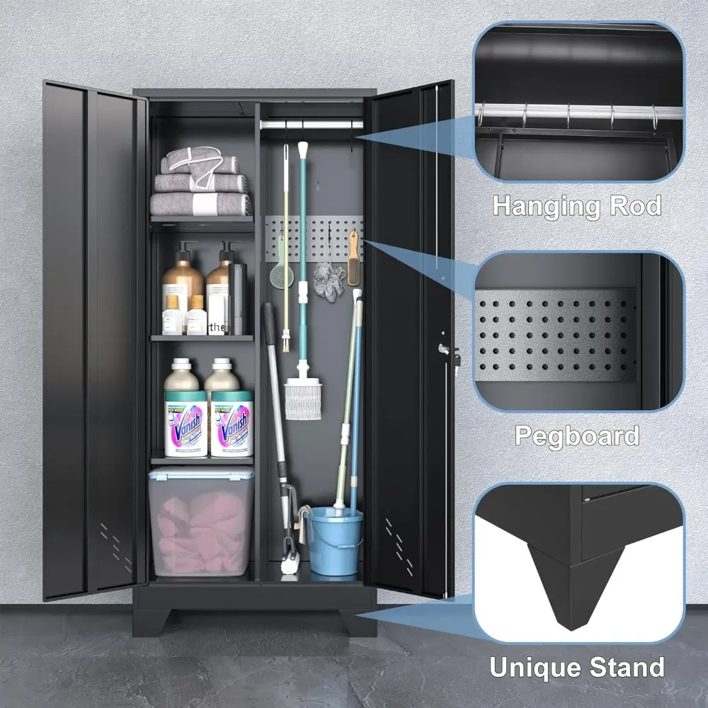 Metal Storage Cabinet with Locking Doors, 61" Tall Garage with Hanging Rod, Broom Closet, Freestanding Bathroom Storage Cabinet,