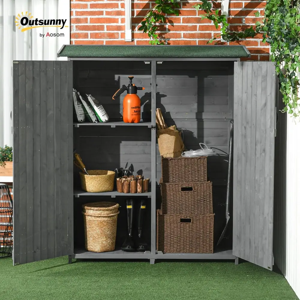 Outdoor Storage Cabinet with Waterproof Asphalt Rood, Lockable Doors, 3 Tier Shelves, Wooden Garden Shed Utility Tool Organizer
