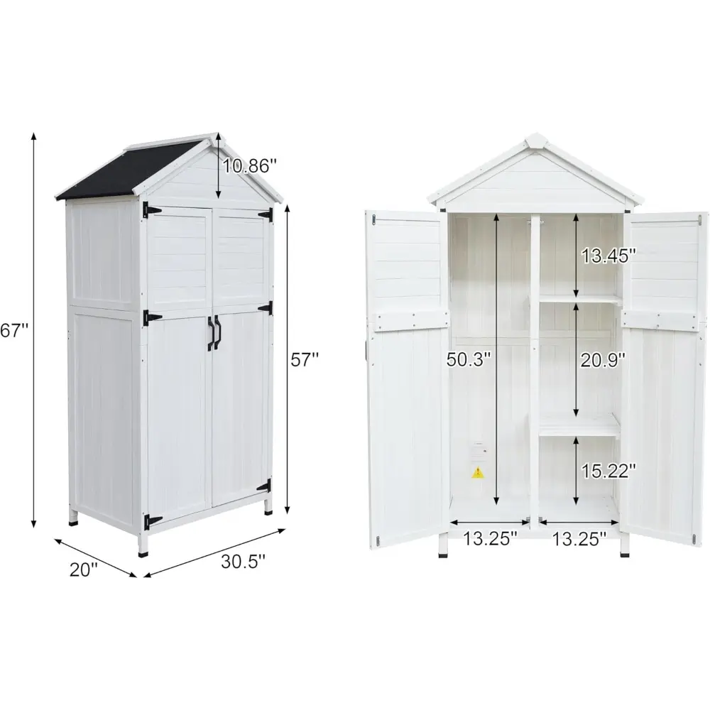 67" Fir Wood Storage Shed 2 Doors Design Outdoor Tool Storage House Cabinet with Sloped Roof & 4 Interior Compartments for Gard