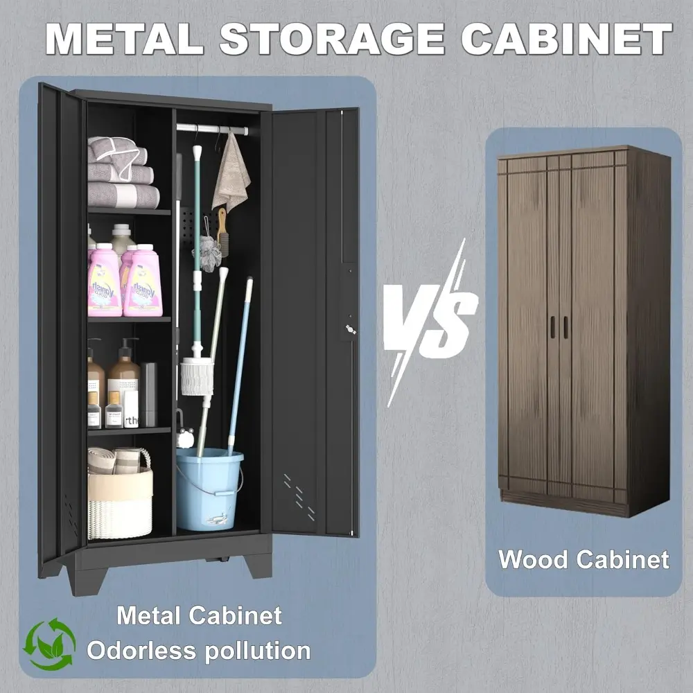 Metal Storage Cabinet with Locking Doors, 61" Tall Garage with Hanging Rod, Broom Closet, Freestanding Bathroom Storage Cabinet,