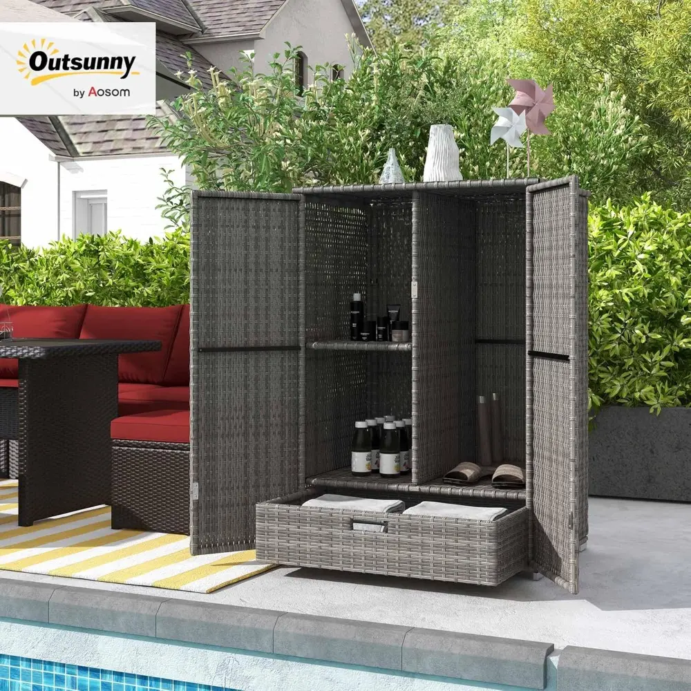 Outdoor PE Rattan Wicker Towel Rack & Pool Toy Cabinet, Hot Tub Accessory Storage with Two Doors, Freestanding Cabinet with Dra