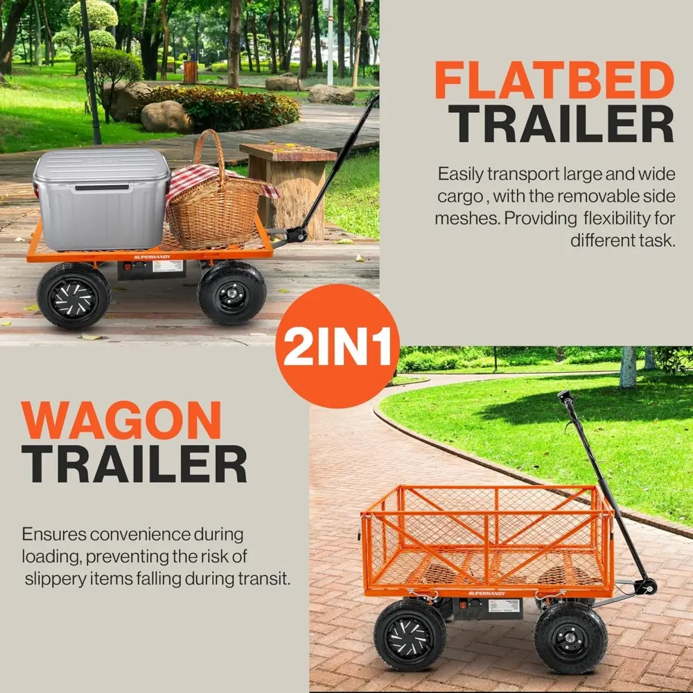 Electric-Assist Garden Cart - 5.7 Cubic Ft Utility Wagon, 440lbs Load, All-Terrain 10in Wheels, Anti-Rust Steel Frame, Converti