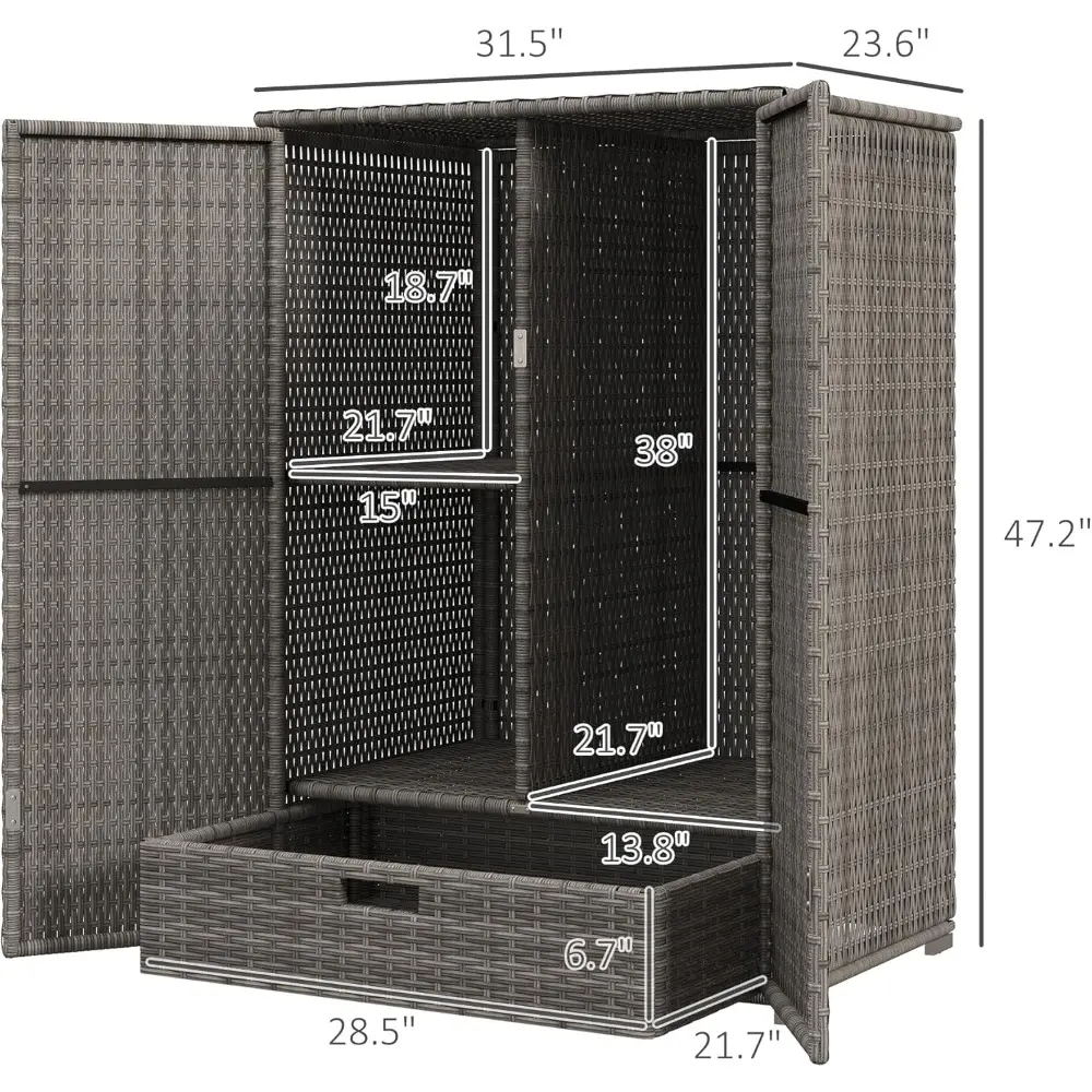 Outdoor PE Rattan Wicker Towel Rack & Pool Toy Cabinet, Hot Tub Accessory Storage with Two Doors, Freestanding Cabinet with Dra