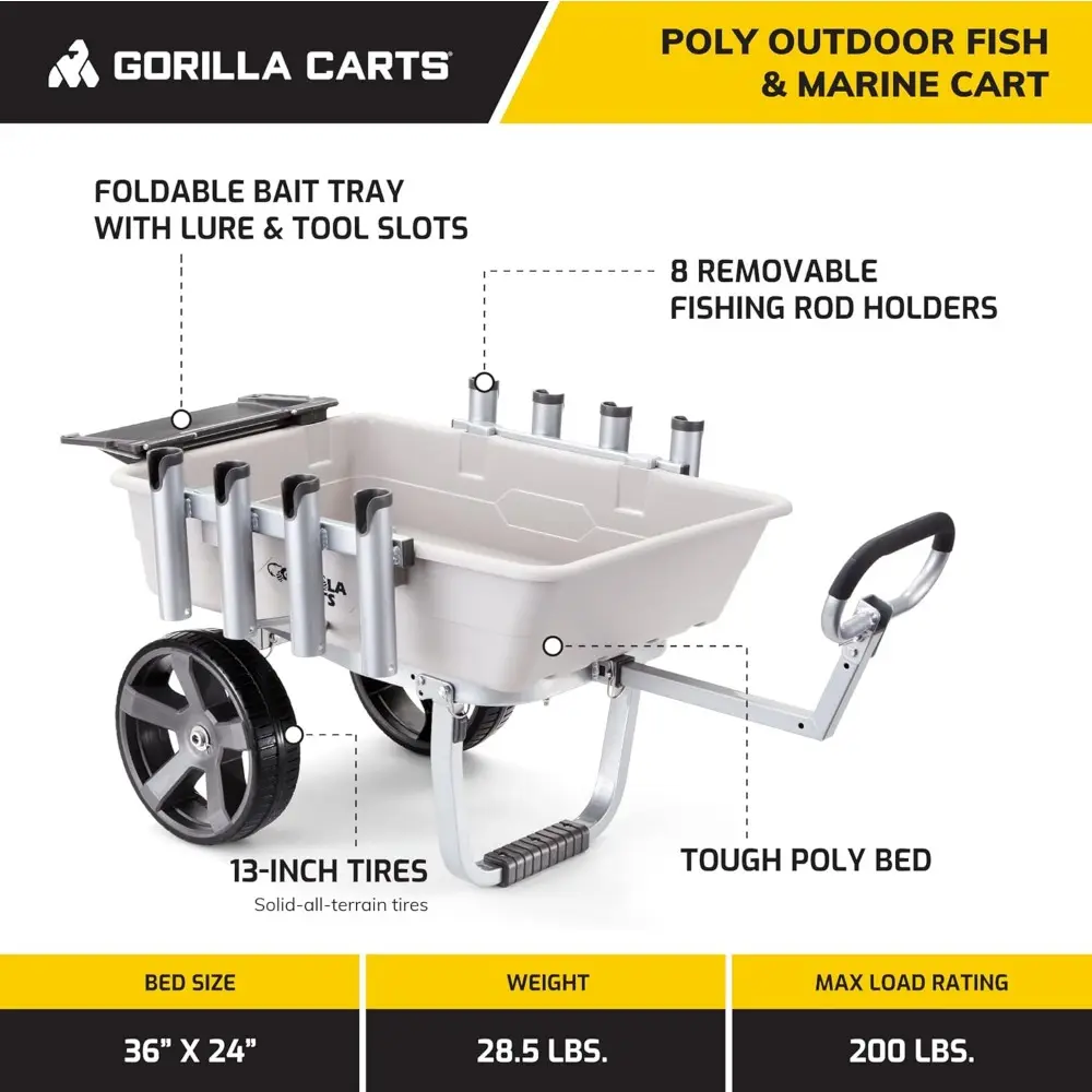 Fish and Marine Cart, Aluminum Poly Bed Wheelbarrow with Rod Holders, 200 Pound Capacity