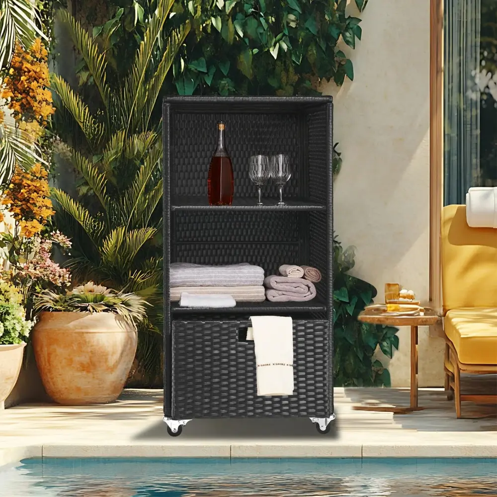 Outdoor Towel Rack for Pool Outdoor Pool Towel Storage Cabinet with Shelf & Drawer Pool Towel Holder with Rolling Wheels Hot Tub