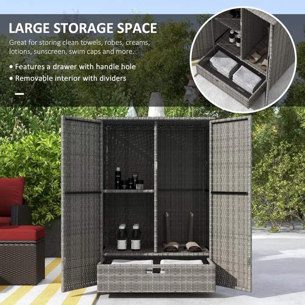 Outdoor PE Rattan Wicker Towel Rack & Pool Toy Cabinet, Hot Tub Accessory Storage with Two Doors, Freestanding Cabinet with Dra
