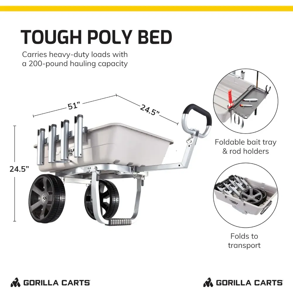 Fish and Marine Cart, Aluminum Poly Bed Wheelbarrow with Rod Holders, 200 Pound Capacity