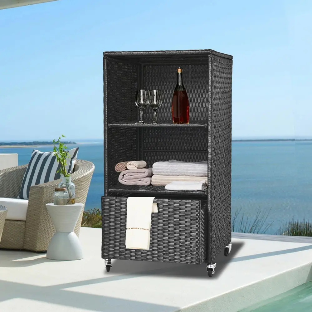 Outdoor Towel Rack for Pool Outdoor Pool Towel Storage Cabinet with Shelf & Drawer Pool Towel Holder with Rolling Wheels Hot Tub