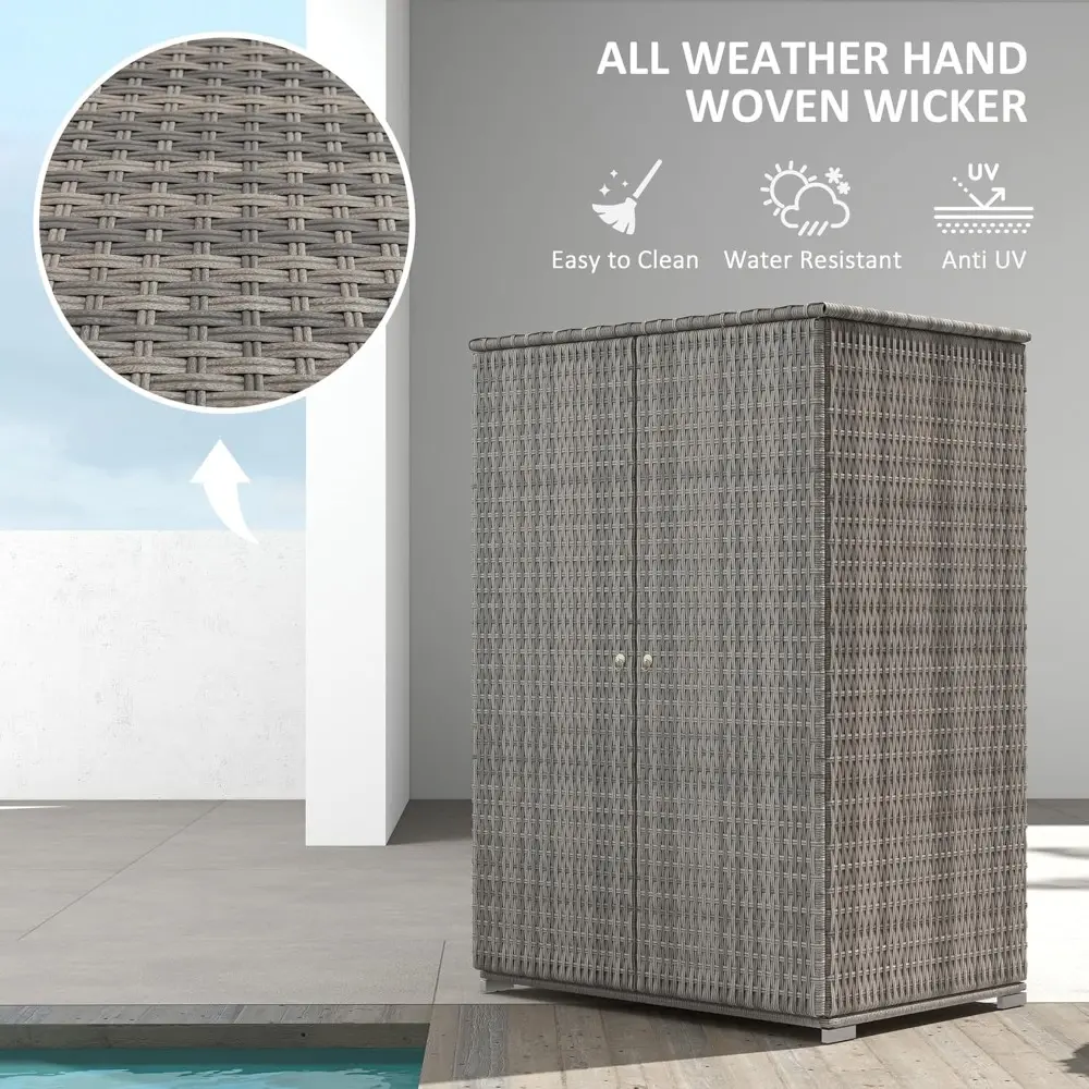 Outdoor PE Rattan Wicker Towel Rack & Pool Toy Cabinet, Hot Tub Accessory Storage with Two Doors, Freestanding Cabinet with Dra