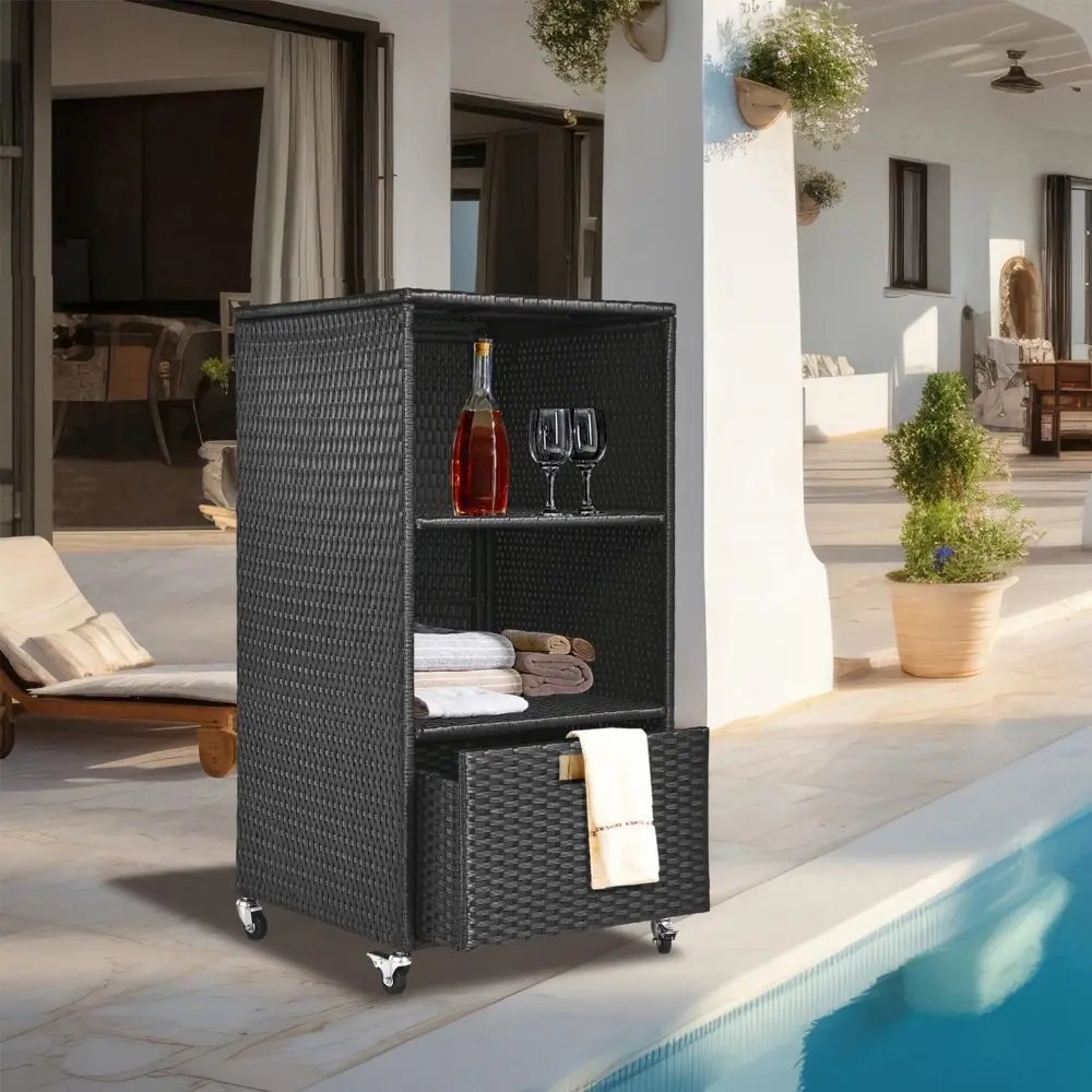 Outdoor Towel Rack for Pool Outdoor Pool Towel Storage Cabinet with Shelf & Drawer Pool Towel Holder with Rolling Wheels Hot Tub