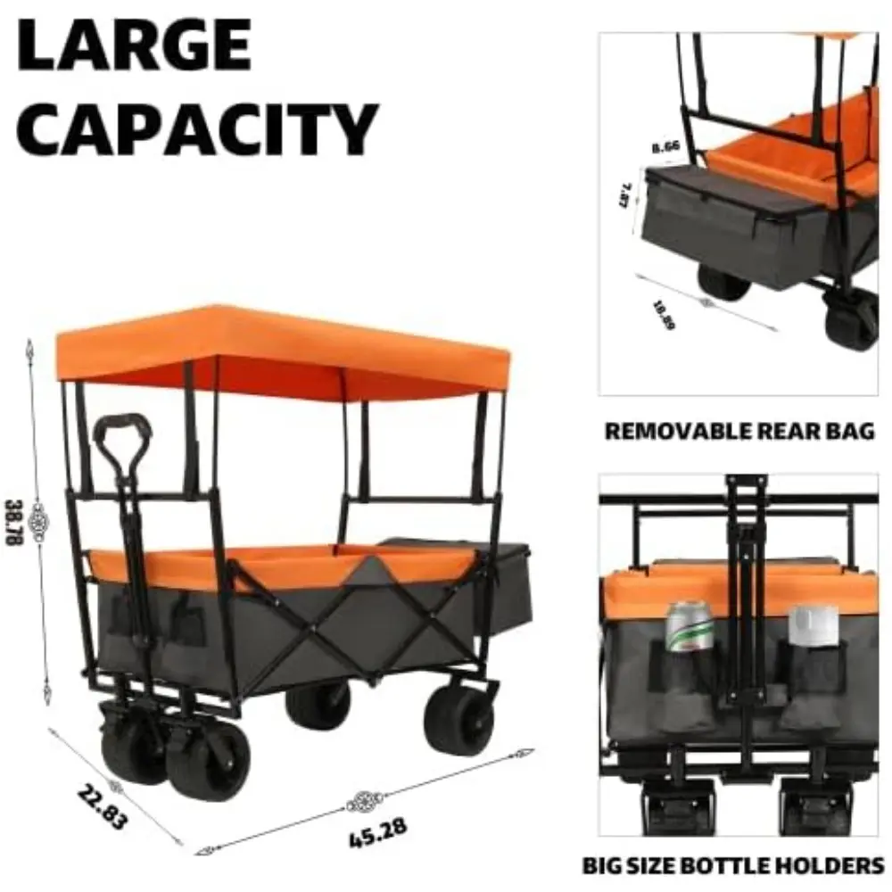 480Lbs Collapsible Wagon with Canopy, Lightweight Foldable Wagon, Large Capacity with Mosquito Net for Camping, Shopping, Sports
